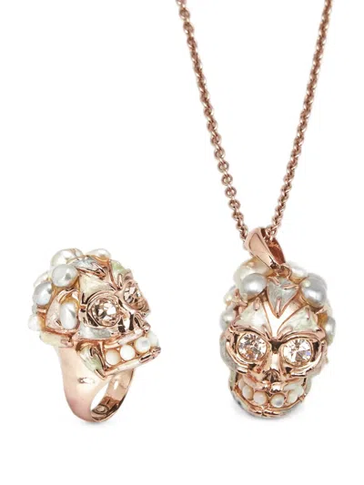 Pre-owned Alexander Mcqueen Embellished-skull Necklace And Ring Set In Pink