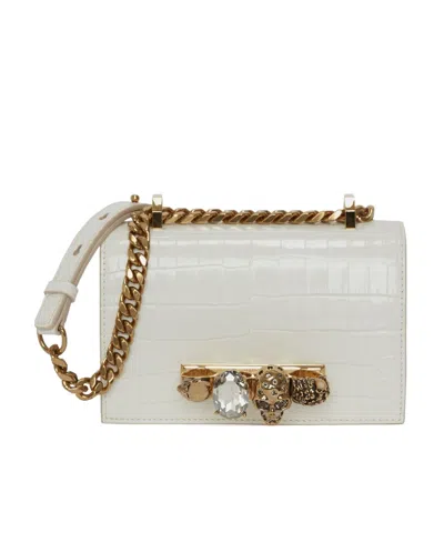 Alexander Mcqueen Mini Jeweled Croc Embossed Shoulder Bag In White