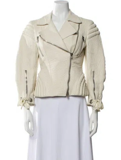 Pre-owned Alexander Mcqueen Embossed Leather Biker Jacket In White