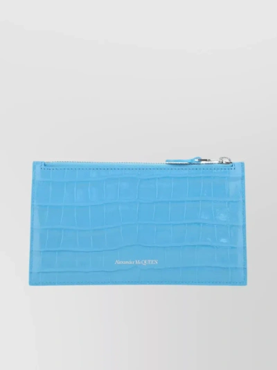 Alexander Mcqueen Embossed Leather Pouch With Crocodile Motif And Skull Detail In Blue