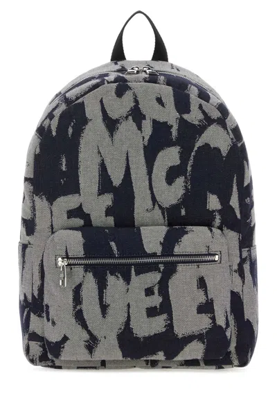 Alexander Mcqueen Embroidered Fabric Mcqueen Graffiti Backpack In Dkblueivoryblack