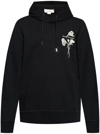 Alexander Mcqueen 花卉刺绣棉连帽衫 In Black