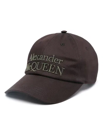 Alexander Mcqueen Embroidered Logo Black Cotton Cap In Brown