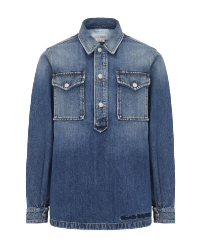 Alexander Mcqueen Embroidered Logo Denim Shirt In Blue