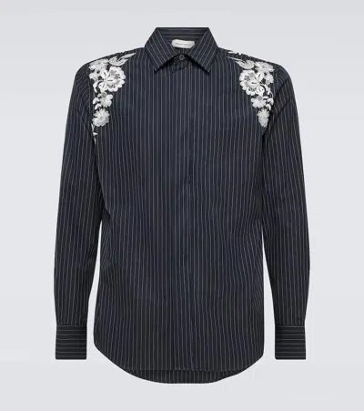 Alexander Mcqueen Embroidered Pinstripe Cotton-blend Shirt In Black