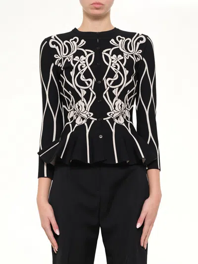Alexander Mcqueen Embroidered Ruffle Cardigan In Black