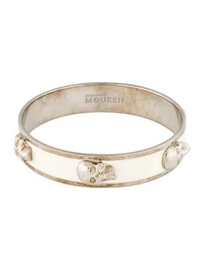Pre-owned Alexander Mcqueen Enamel 3d Skull Bangle Bracelet, 7.75" In White