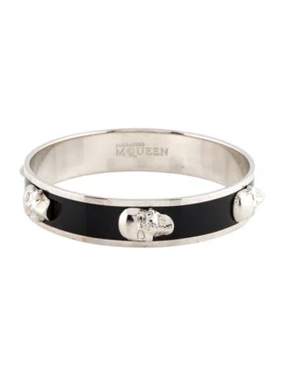 Pre-owned Alexander Mcqueen Enamel 3d Skull Bangle Bracelet, 8" In Black