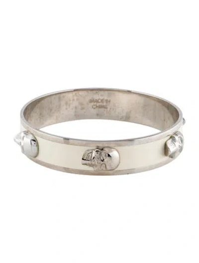 Pre-owned Alexander Mcqueen Enamel 3d Skull Bangle Bracelet, 8" In White