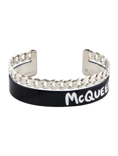 Pre-owned Alexander Mcqueen Enamel Logo Graffiti Open Cuff Bracelet, 6.75" In Black