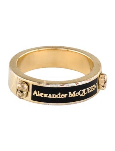 Pre-owned Alexander Mcqueen Enamel Logo Skull Band Ring In Black