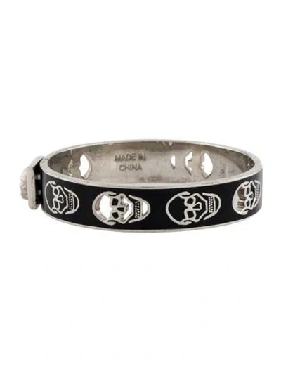 Pre-owned Alexander Mcqueen Enamel Pierced Skull Hinged Bracelet, 6.75" In Black
