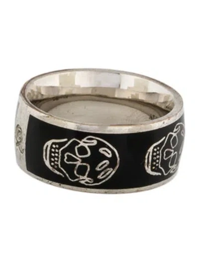 Pre-owned Alexander Mcqueen Enamel Skull Band Ring In Black