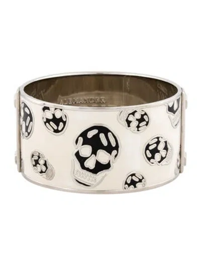 Pre-owned Alexander Mcqueen Enamel Skull Bangle Bracelet, 7.5" In White