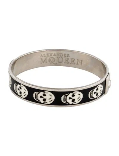 Pre-owned Alexander Mcqueen Enamel Skull Bangle Bracelet, 7.75" In Black