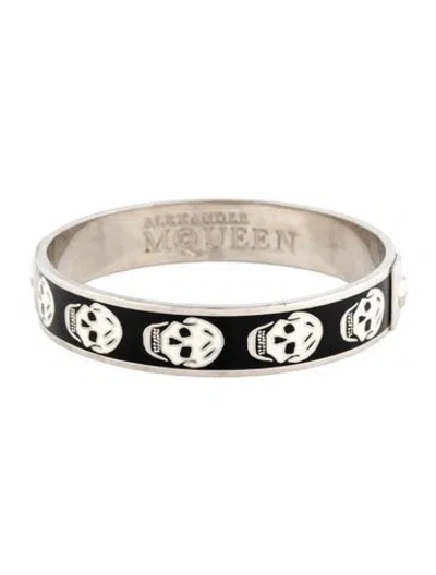 Pre-owned Alexander Mcqueen Enamel Skull Bangle Bracelet, 7.75" In Black/white