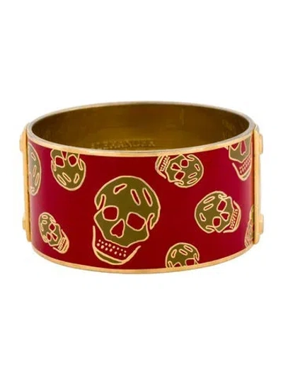 Pre-owned Alexander Mcqueen Enamel Skull Bangle Bracelet, 7.75" In Red