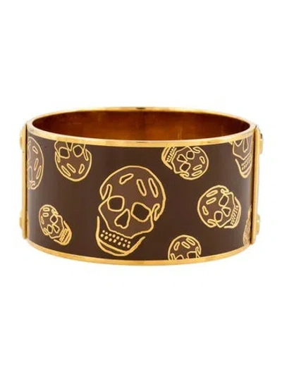 Pre-owned Alexander Mcqueen Enamel Skull Bangle Bracelet, 8" In Brown