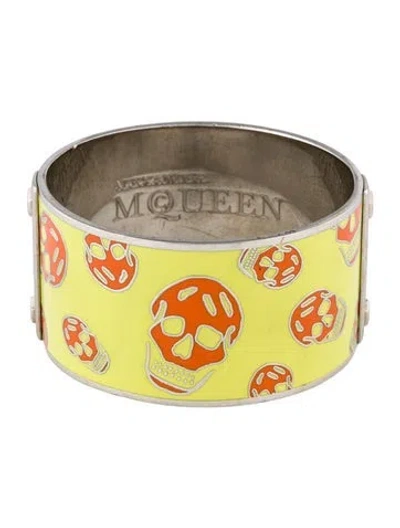 Pre-owned Alexander Mcqueen Enamel Skull Bangle Bracelet, 8" In Orange/yellow
