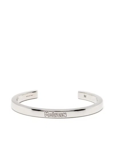 Alexander Mcqueen Engraved-logo Cuff Bracelet In Silver