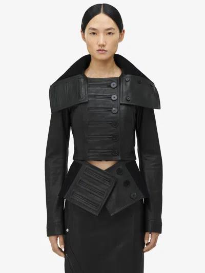 Alexander Mcqueen Exaggerated Buttonhole Leather Jacket In Black