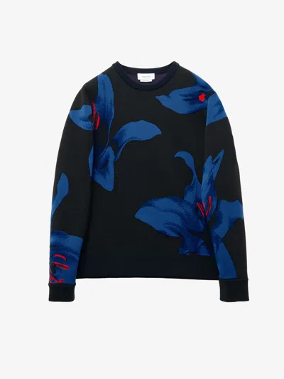 Alexander Mcqueen Exploded Blue Lily Jacquard Sweater In Black/blue