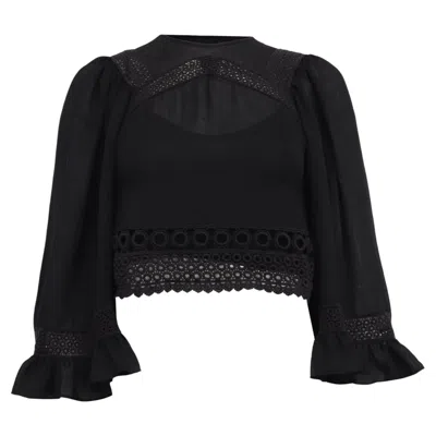 Pre-owned Alexander Mcqueen Eyelet Lace Accent Cropped Blouse In Black Silk