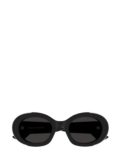 Alexander Mcqueen Silver Embellished Acetate Oval Sunglasses In Black
