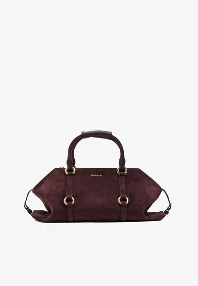Alexander Mcqueen Farringdon Suede Top Handle Bag In Burgundy