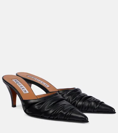 ALEXANDER MCQUEEN BIRDEE 70 RUCHED FAUX LEATHER MULES