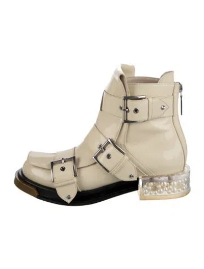Pre-owned Alexander Mcqueen Faux Pearl Accents Patent Leather Moto Boots In Neutrals