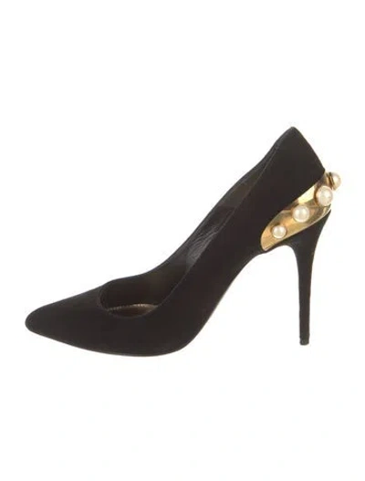 Pre-owned Alexander Mcqueen Faux Pearl Accents Suede Slingback Pumps In Black