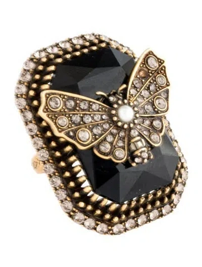 Pre-owned Alexander Mcqueen Faux Pearl & Crystal Butterfly Cocktail Ring In Multi