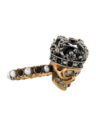 Pre-owned Alexander Mcqueen Faux Pearl & Crystal Queen Skull Cocktail Ring In Multi