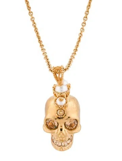 Pre-owned Alexander Mcqueen Faux Pearl & Crystal Skull Pendant Necklace, 26" In White/yellow