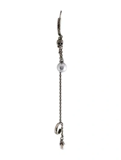 Pre-owned Alexander Mcqueen Faux Pearl & Crystal Skull Single Ear Cuff Drop Earring In Black/purple