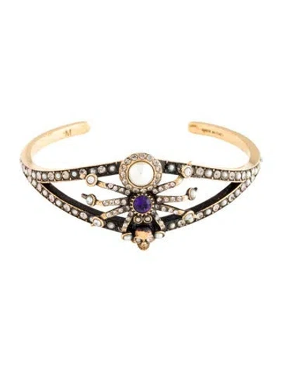 Pre-owned Alexander Mcqueen Faux Pearl & Crystal Spider & Skull Cuff, 6.5" In Multi