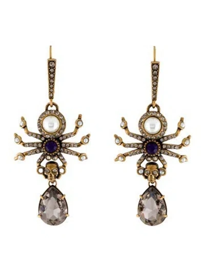 Pre-owned Alexander Mcqueen Faux Pearl & Crystal Spider Drop Earrings In Blue