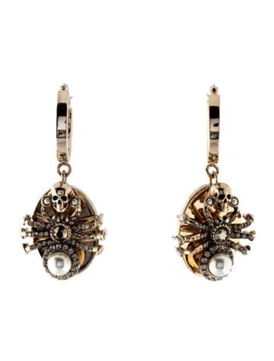 Pre-owned Alexander Mcqueen Faux Pearl & Crystal Spider Hoop Earrings In White
