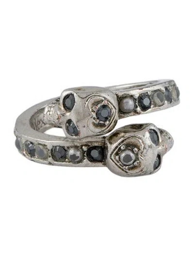 Pre-owned Alexander Mcqueen Faux Pearl & Crystal Twin Skull Cocktail Ring In Multi