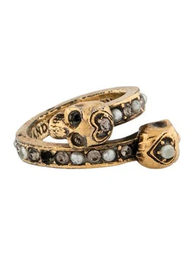 Pre-owned Alexander Mcqueen Faux Pearl & Crystal Wrapped Skull Cocktail Ring In Clear/white