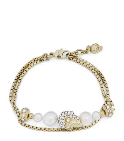 Alexander Mcqueen Faux Pearl And Skull Bracelet In Gold