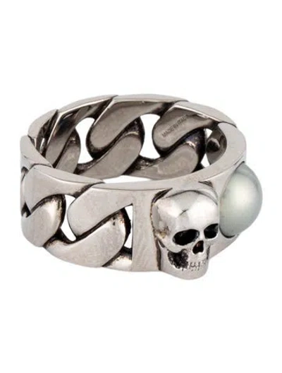 Pre-owned Alexander Mcqueen Faux Pearl And Skull Chain Ring 'antique Silver' In Multicolor