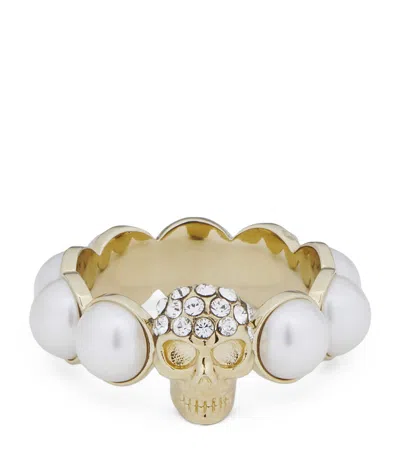 Alexander Mcqueen Faux Pearl And Skull Ring In Gold