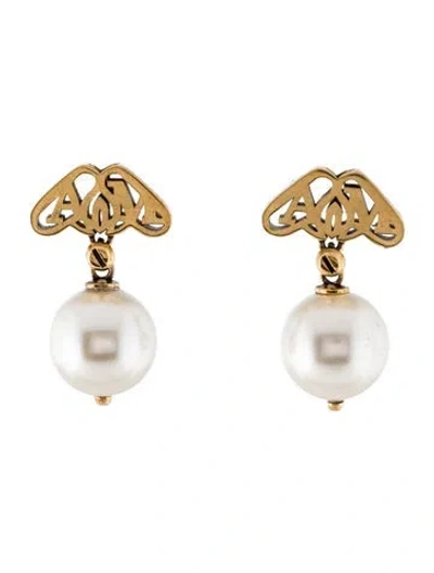Pre-owned Alexander Mcqueen Faux Pearl Seal Drop Earrings In White