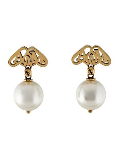 Pre-owned Alexander Mcqueen Faux Pearl Seal Drop Earrings In White