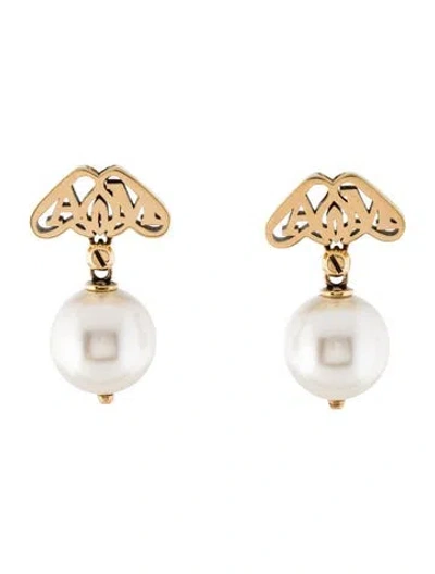 Pre-owned Alexander Mcqueen Faux Pearl Seal Drop Earrings” In White