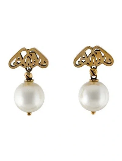 Pre-owned Alexander Mcqueen Faux Pearl Seal Drop Earrings In White