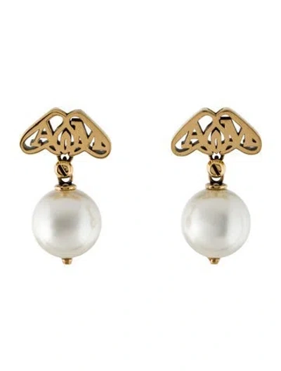Pre-owned Alexander Mcqueen Faux Pearl Seal Drop Earrings In White