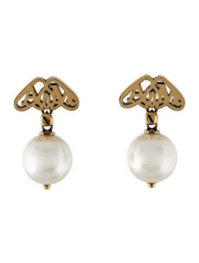 Pre-owned Alexander Mcqueen Faux Pearl Seal Drop Earrings In White